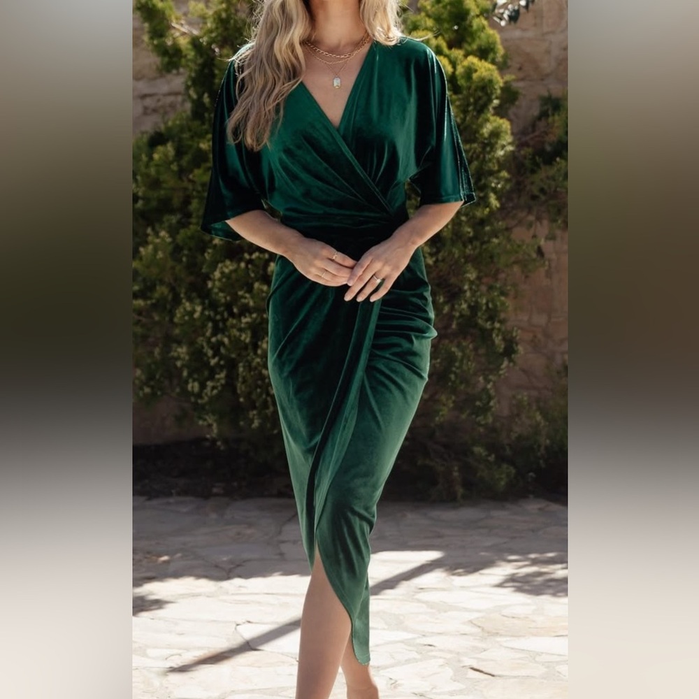 Emerald Green Velvet Wrap Midi Dress